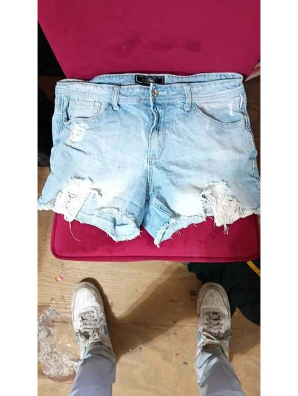 Cato Light Blue Ripped Denim Shorts with White Floral Lace